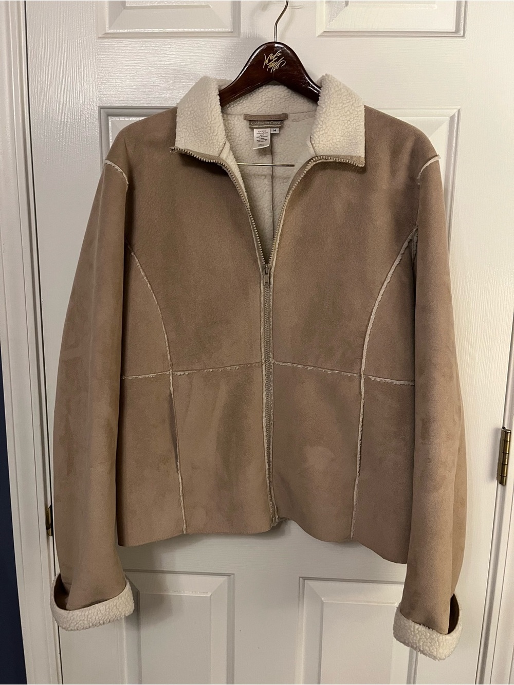 Vtg Y2K Coldwater Creek Faux Sherpa Lined Lightweight Coat Full Zip Beige/Cream